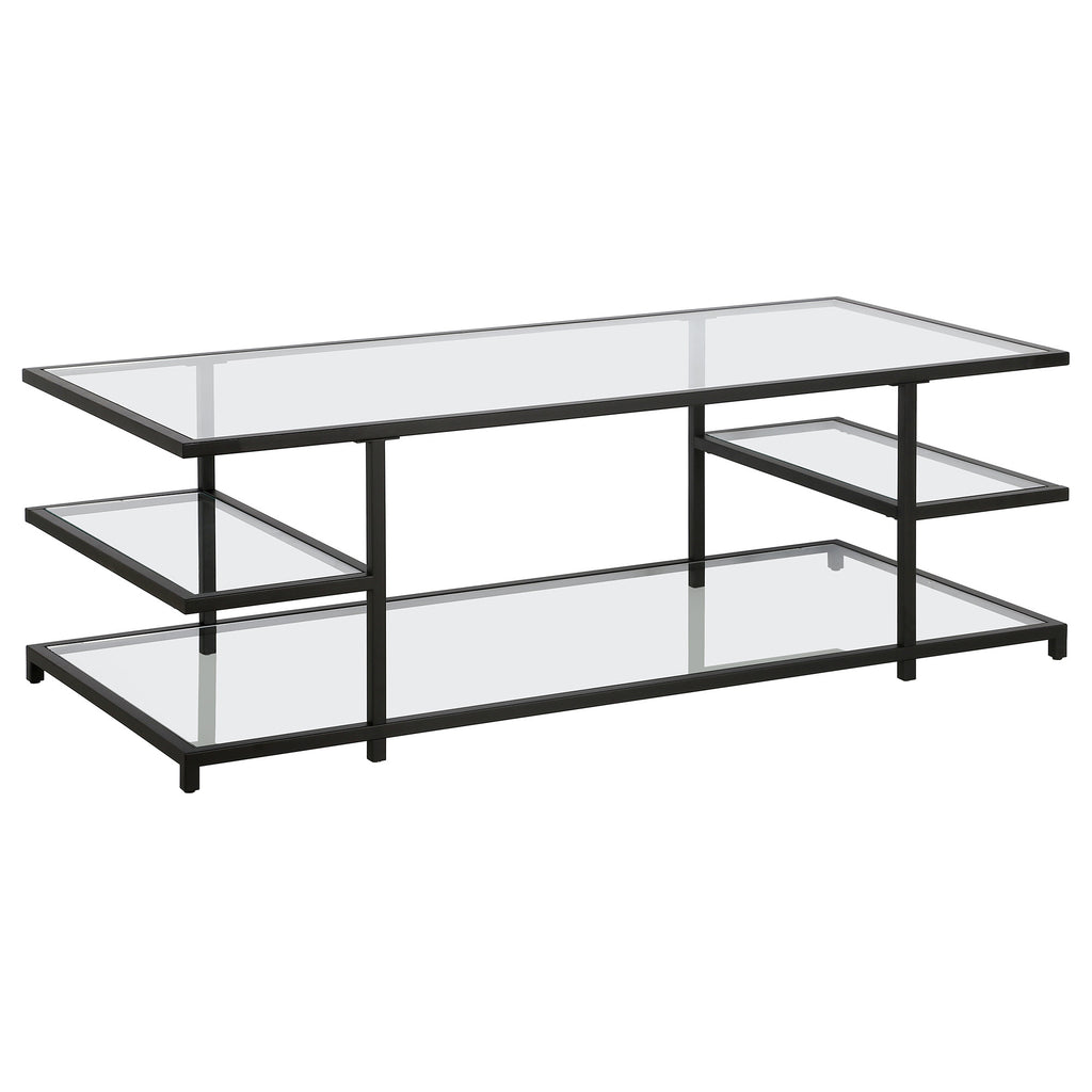 54" Black Glass Rectangular Coffee Table With Three Shelves