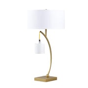 29" Gold Metal Two Light Arched Table Lamp With White Drum Shade