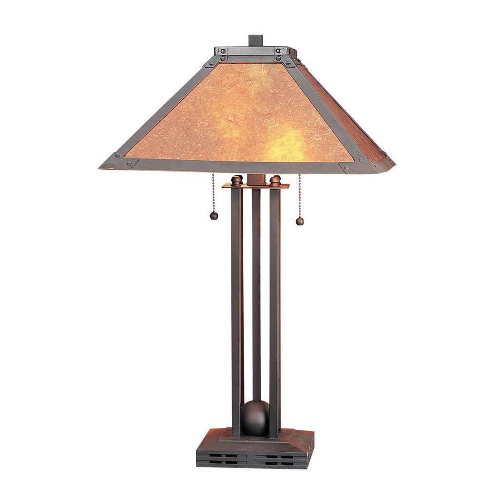 25" Rust Metal Two Light Table Lamp With Amber Square Shade