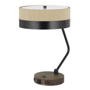 20" Black Metal Two Light Desk Usb Table Lamp With Beige Drum Shade