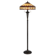 61" Bronze Two Light Traditional Shaped Floor Lamp With Purple And Ivory Abstract Tiffany Glass Empire Shade