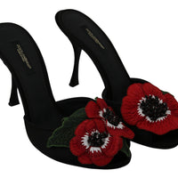 Black Red Roses Heels Slides Sandals