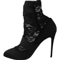 Black Floral Lace Booties Heels Shoes