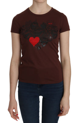 Brown Heart Print Crew Neck T-shirt Short Sleeve Blouse
