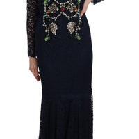 Blue Crystal Floral Lace Long Gown Dress