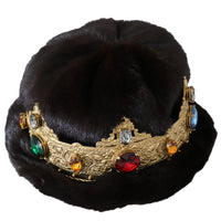 Brown Mink Fur Women Beanie Crystal Crown