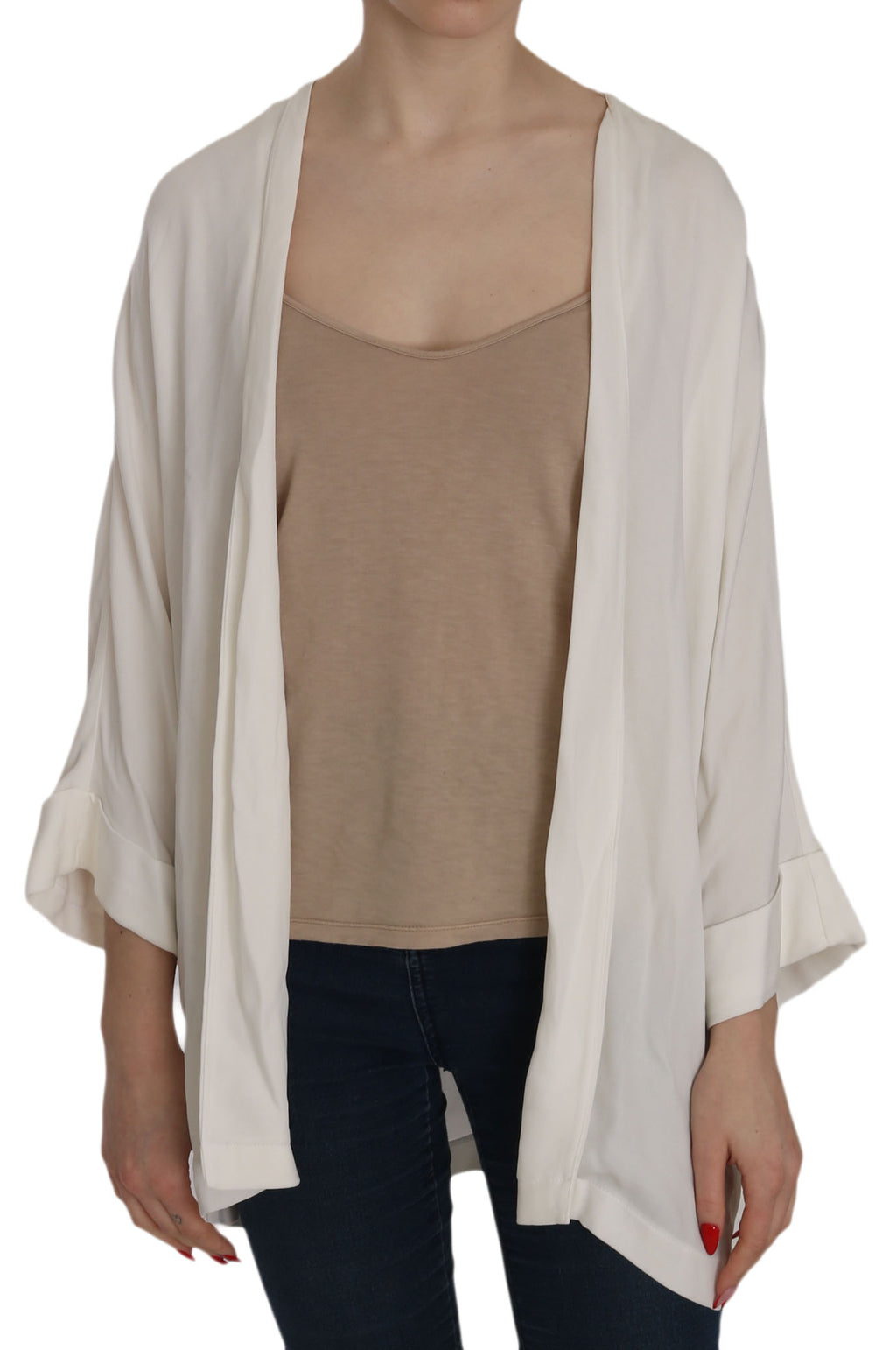 White Folded Long Sleeve Cardigan Deep Neck Blouse