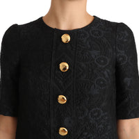 Black Button Embellished Jacquard Mini Dress