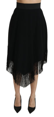 Black A-line High Waist Midi Fringes  Skirt