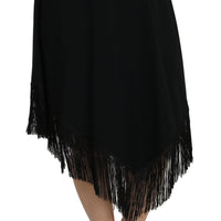 Black A-line High Waist Midi Fringes  Skirt