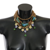 Gold Parrot Crystal Floral Charm Statement Necklace