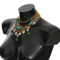 Gold Parrot Crystal Floral Charm Statement Necklace