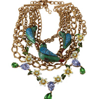 Gold Parrot Crystal Floral Charm Statement Necklace