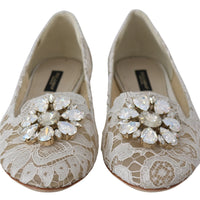 White Taormina Lace Crystal Flats Shoes