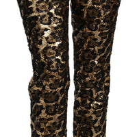 Gold Brown Leopard Sequined High Waist Pants