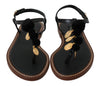 Black Leather Coins Flip Flops Sandals Shoes