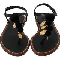 Black Leather Coins Flip Flops Sandals Shoes