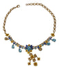 Gold Cross Blue Crystal Floral Charm Chain Necklace