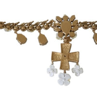 Gold Cross Blue Crystal Floral Charm Chain Necklace