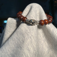 Wood Beads 10mm with Silver Skull  Men's Bracelet