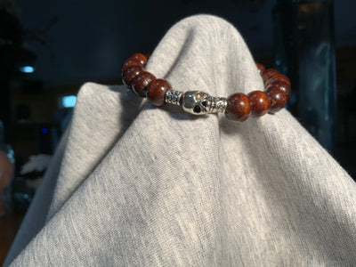 Wood Beads 10mm with Silver Skull  Men's Bracelet