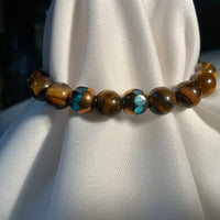 Tiger Eye Beads 8mm with 2 Blue Bronze Glass Beads Men's Bracelet