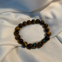 Tiger Eye Beads 8mm with 2 Blue Bronze Glass Beads Men's Bracelet