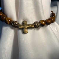 Tiger Eye Beads 6mm with Bronze Cross Men's Bracelet