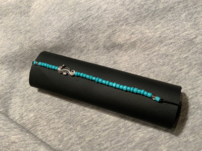 Seahorse and Turquoise Beads on Black Leather Hair Wrap Tie