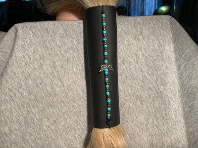 Wings and Turquoise Beads on Black Leather Hair Wrap Tie