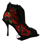 Black Red Roses Ankle Booties Shoes