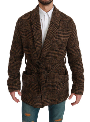 Brown Checkered Wool Robe Coat  Wrap Jacket