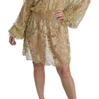 Gold Lace See Through A-Line Knee Length Dress
