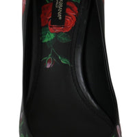 Black Leather Crystal Roses Pumps Shoes