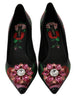 Black Leather Crystal Roses Pumps Shoes