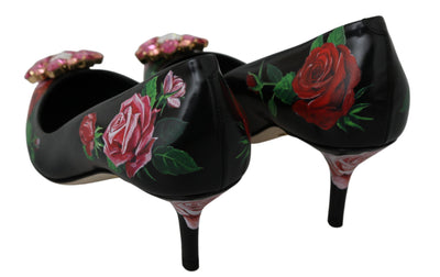 Black Leather Crystal Roses Pumps Shoes