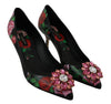 Black Leather Crystal Roses Pumps Shoes