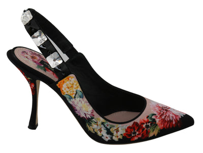 Black Floral Crystal Heels Slingbacks Shoes