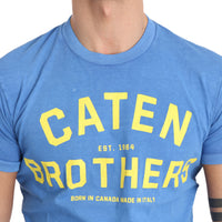 Blue Cotton Logo Motive Print Crewneck Mens Top T-shirt
