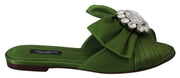 Green Bow Satin Crystals Flats Slides Shoes