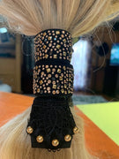 Brass and Pewter on Black Leather with Lace Hair Wrap Tie