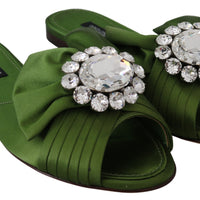 Green Bow Satin Crystals Flats Slides Shoes