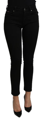 Black Mid Waist Slim Fit Cropped Cotton Jeans