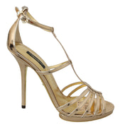 Gold Leather Ankle Strap Heels Sandals Shoes