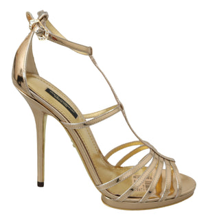 Gold Leather Ankle Strap Heels Sandals Shoes