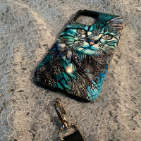Cat in Teal Paisley iPhone Silicone Slim Case with Lanyard