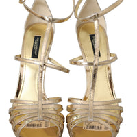 Gold Leather Ankle Strap Heels Sandals Shoes