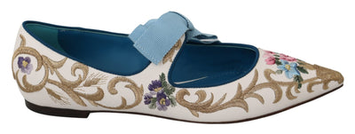 White Floral Flat Ballerina Leather Shoes