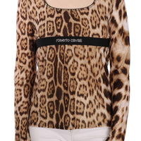 Brown Round Neck Leopard Women Top Blouse