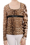 Brown Round Neck Leopard Women Top Blouse